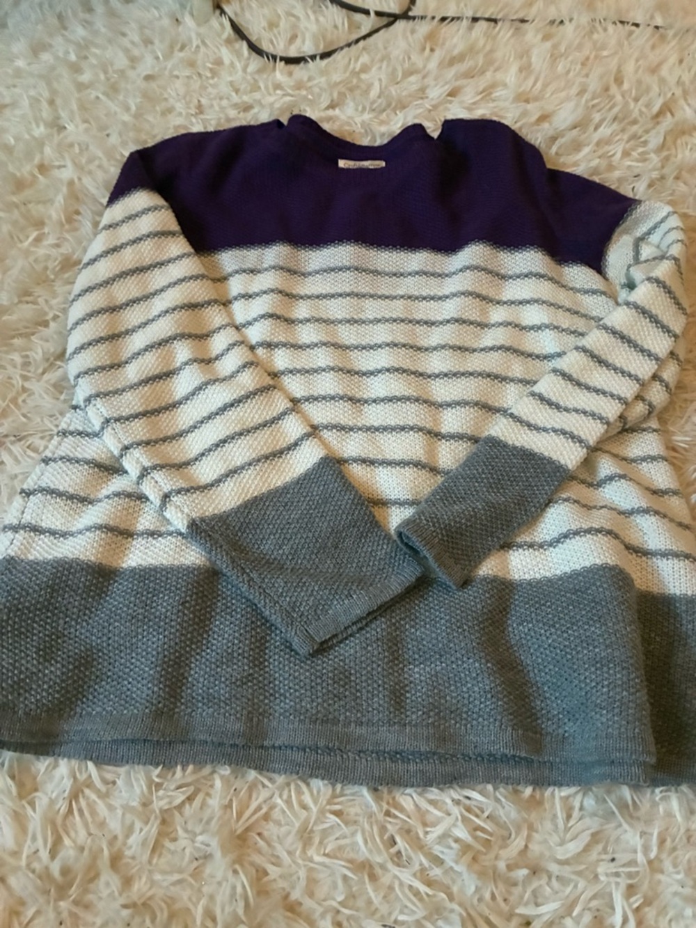 croft & barrow Purple, Cream & Gray Striped Crewneck Sweater